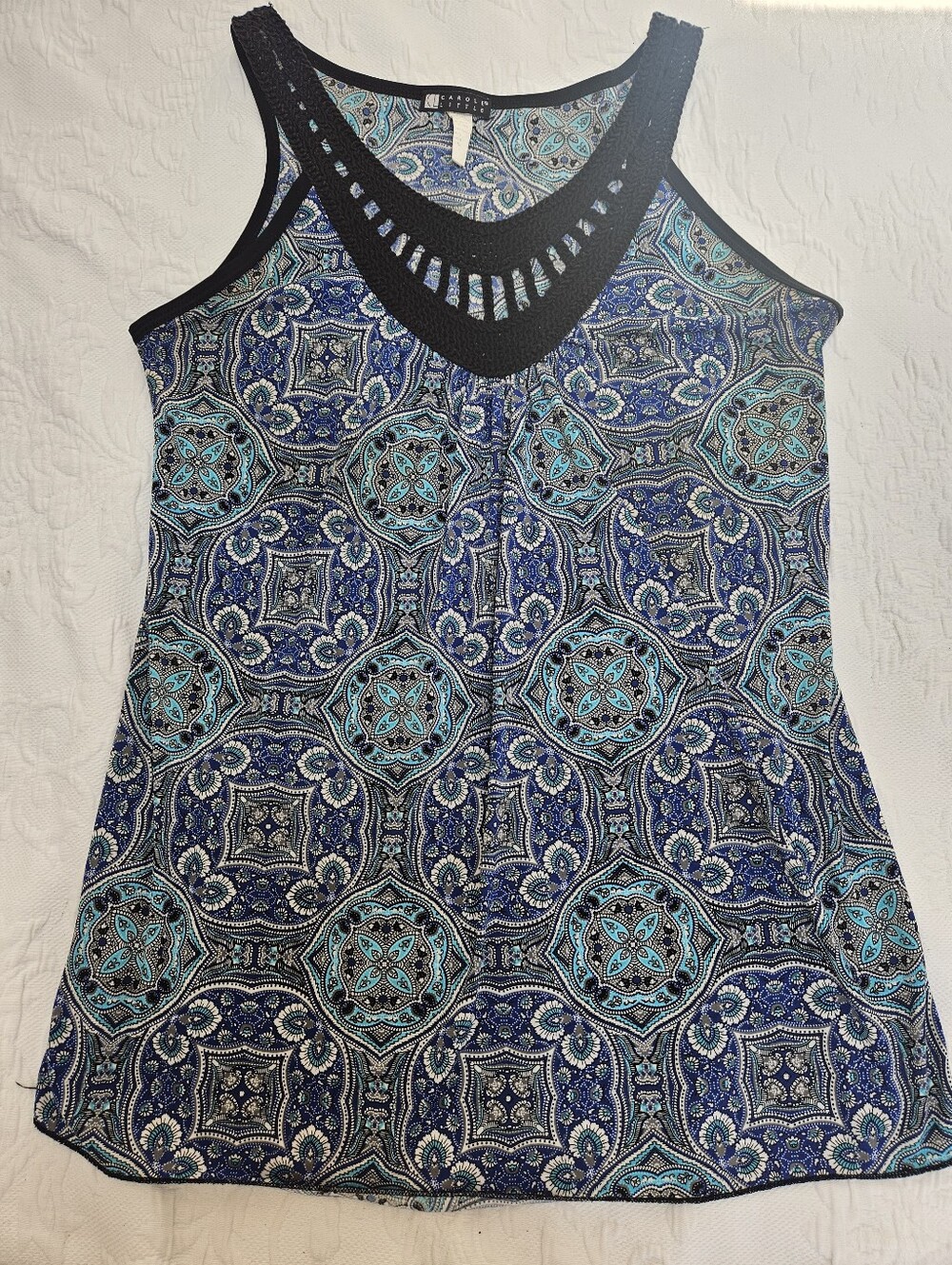 Carole Little Navy and Teal Paisley Tank with Black Knit Trim. Light & Flowy